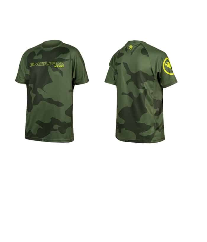 MT500JR.jpg Endura MT500 Junior Jersey visas bakifrån och från sidan i grönt kamouflage, med en gul logotyp på ärmen och gul "ENDURA Hummvee"-text på övre delen av ryggen.