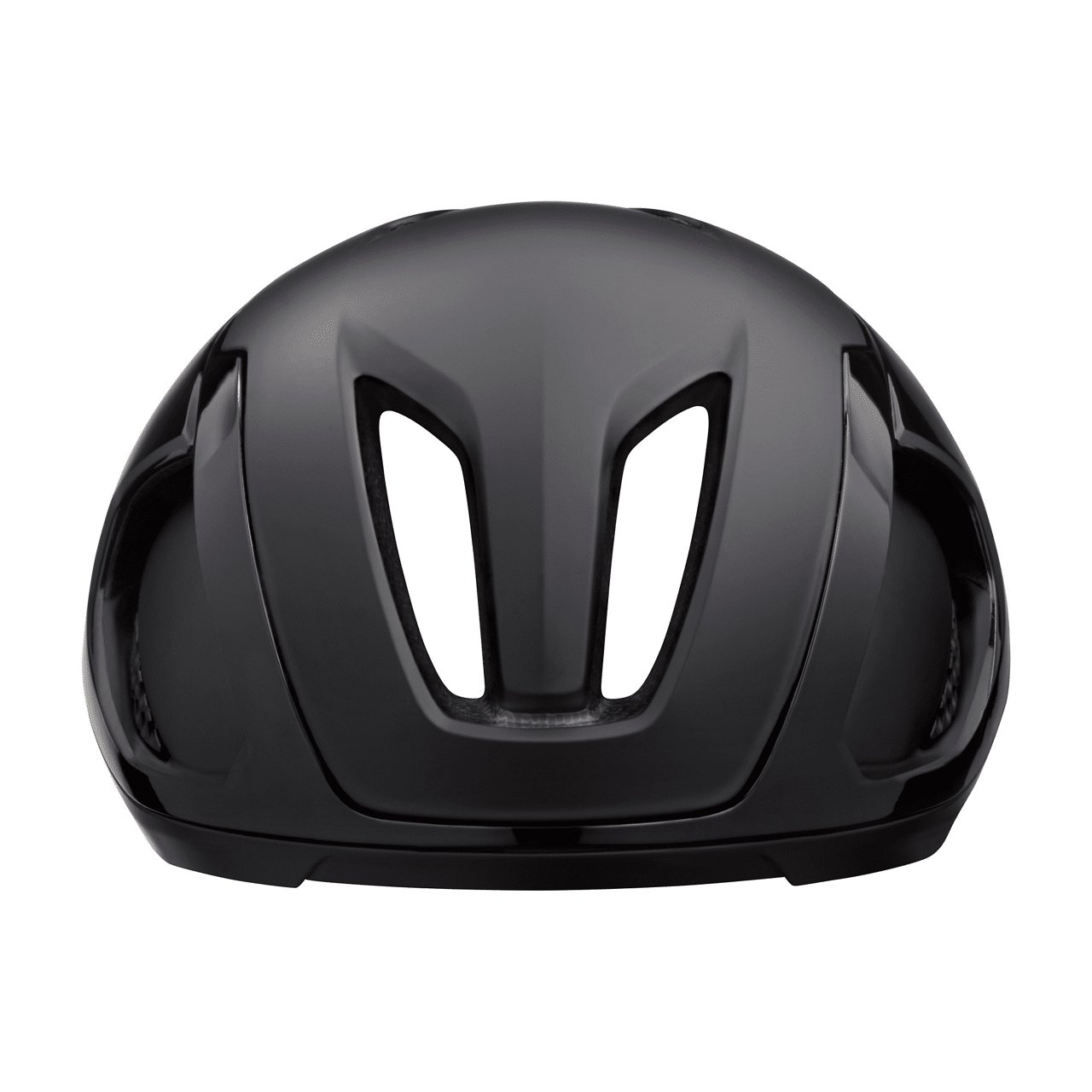 MY22_VENTO-KC_MT-BLACK_FRONT_01.jpg.thumb_.1280.1280.png Hjälm Lazer Vento KinetiCore, som finns i flera färger, visas framifrån med två vertikala ventilationshål och en slät, blank yta.