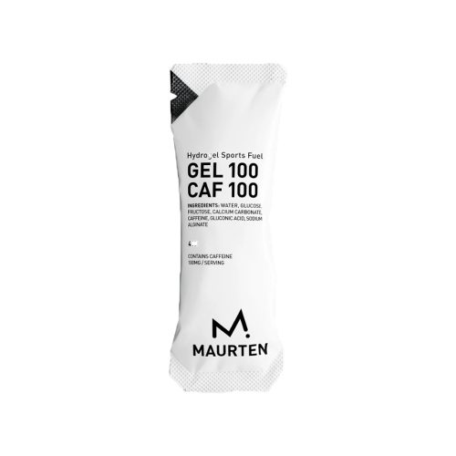 Vit energigel för sport från Maurten, med tydlig text som anger "Gel 100 CAF 100". Minimalistisk design och ren bakgrund framhäver produktens fokus på energi och prestation.