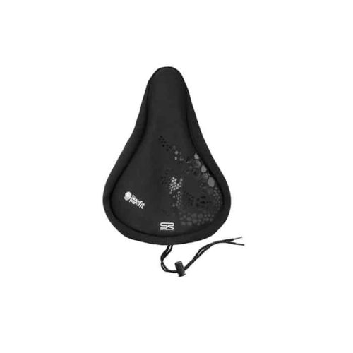 Närbild av ett svart Selle Royal Memory Foam-sittöverdrag. Överdraget har subtila mönster och justerbara snören. Bilden har stark belysning och visar alla produktens detaljer.