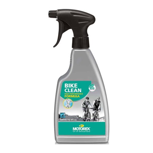 En flaska Motorex Bike Clean cykelschampo med spraymunstycke, etiketten i grönt och grått visar cyklister. Studioljus framhäver produktens detaljer och form.