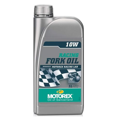 En grå plastflaska med Motorex gaffelolja 10W. Flaskan står mot en vit bakgrund, med tydlig etikett i grönt och svart. Etiketten visar texten "Racing Fork Oil" och "Motorex Oil of Switzerland".