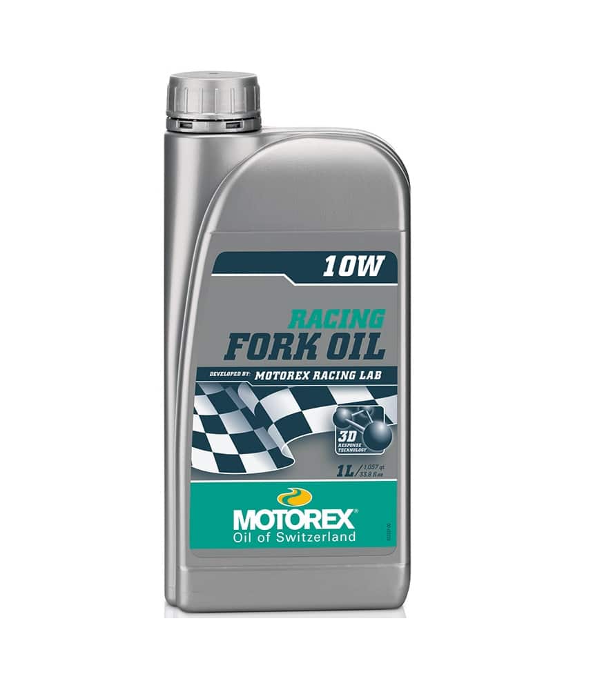 Motorex-gaffelolja-10-1-liter.jpg En grå plastflaska med Motorex gaffelolja 10W. Flaskan står mot en vit bakgrund, med tydlig etikett i grönt och svart. Etiketten visar texten "Racing Fork Oil" och "Motorex Oil of Switzerland".