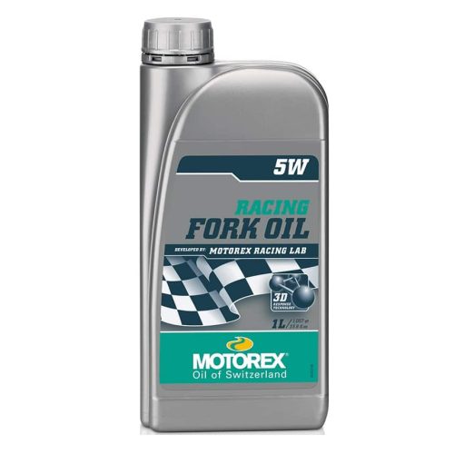 En liter grå Motorex gaffelolja 5W med etikett som visar "Racing Fork Oil". Etiketten är grön och blå och produkten beskrivs som "Oil of Switzerland".
