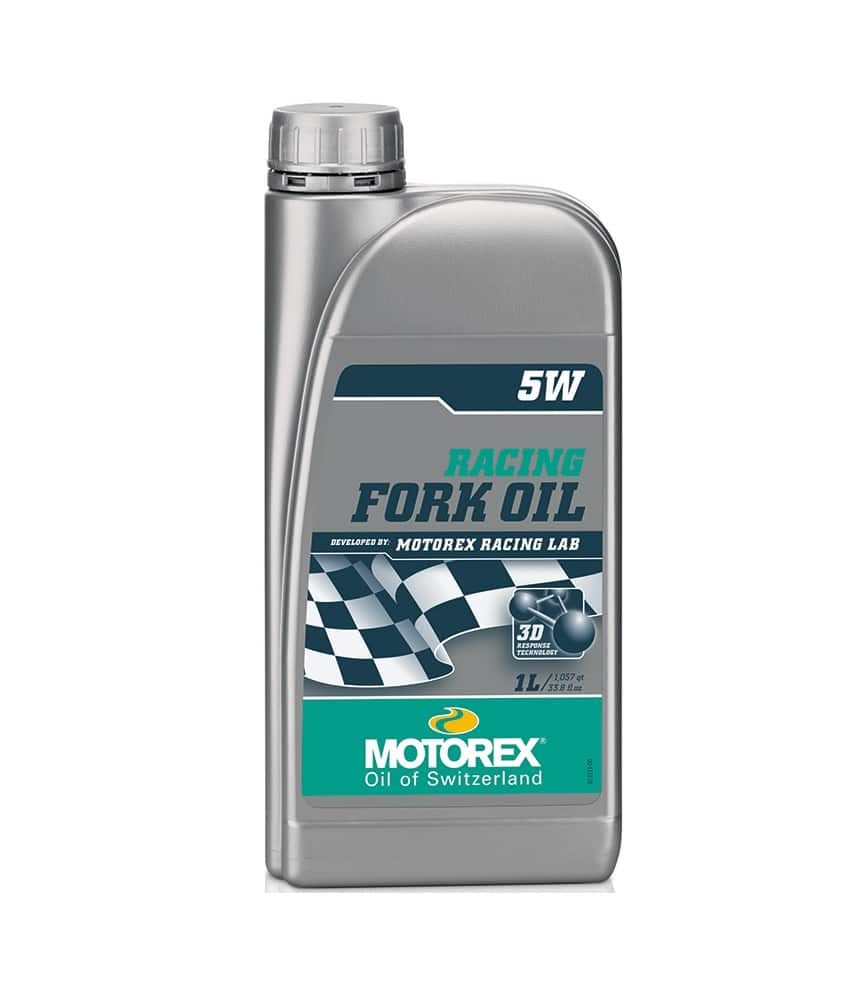 Motorex-gaffelolja-5-1-liter.jpg En liter grå Motorex gaffelolja 5W med etikett som visar "Racing Fork Oil". Etiketten är grön och blå och produkten beskrivs som "Oil of Switzerland".