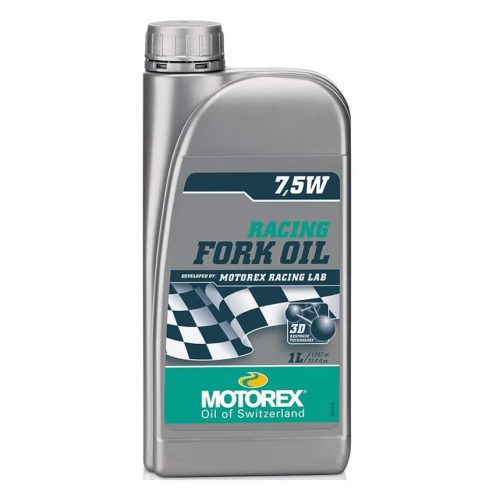 En liter Motorex gaffelolja 7,5W i en grå plastflaska. Etiketten är svart och turkos med texten "Racing Fork Oil". Bra ljus framhäver detaljerna på förpackningen.