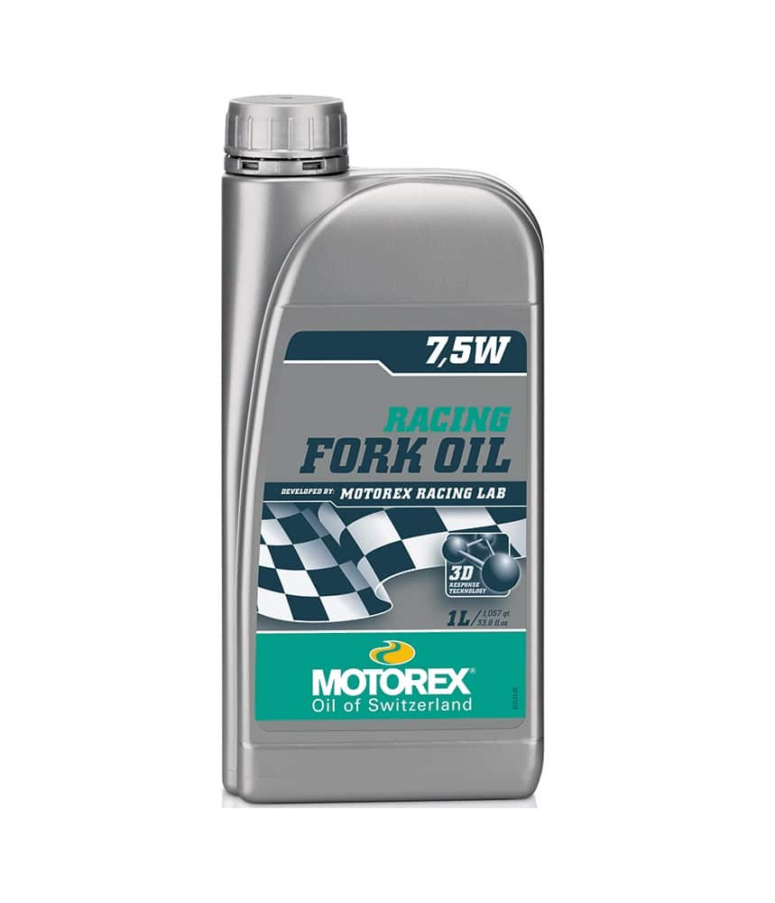 Motorex-gaffelolja-7-1-liter.jpg En liter Motorex gaffelolja 7,5W i en grå plastflaska. Etiketten är svart och turkos med texten "Racing Fork Oil". Bra ljus framhäver detaljerna på förpackningen.