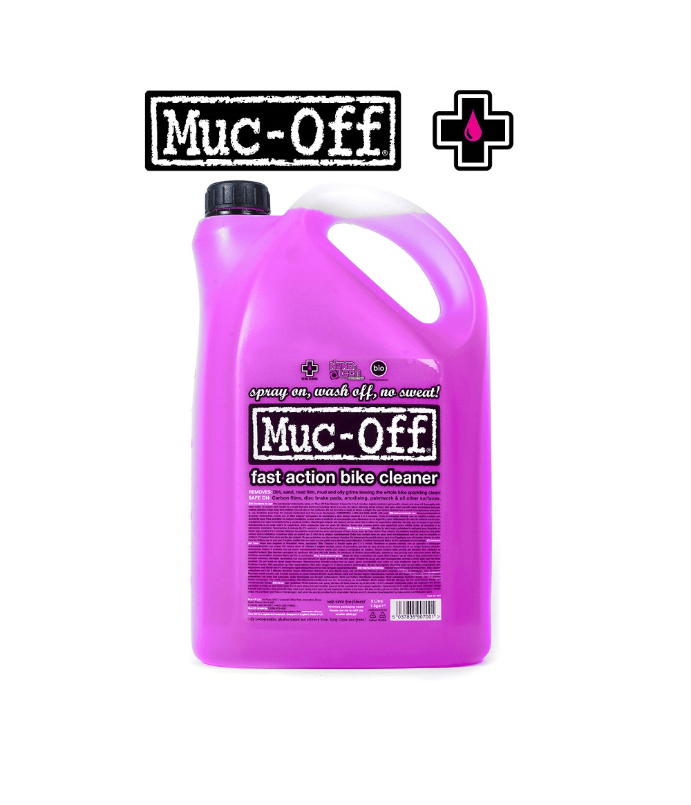 Muc-Off-allengoring-rosa-5l.png En flaska Muc-Off Bio Bike Cleaner i rosa plast står i bra ljus. Bilden visar varumärket tydligt och texten beskriver produktens rengöringsegenskaper.