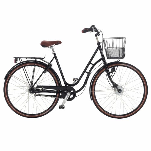 Skeppshult Natur 7-växlad damcykel är en svart stadscykel med brun sadel och handtag, med trådkorg fram, lasthållare bak, kedjeskydd och skärmar, visad i profil mot en vit bakgrund.