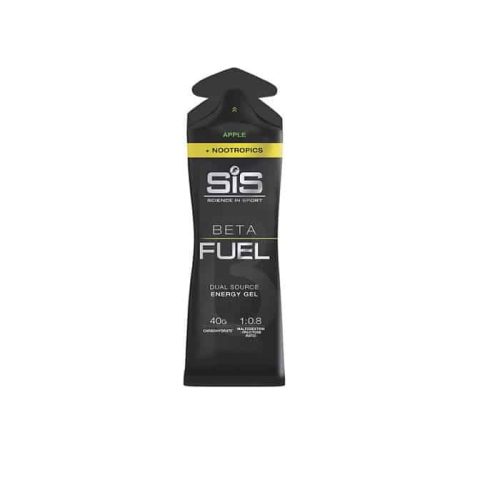 Ett svartgult SiS Beta Fuel Dual Source Enegy Gel Äpple + Nootropics-paket med äppelsmak, som visar 40 g kolhydrater och 1,08 elektrolyter på framsidan.