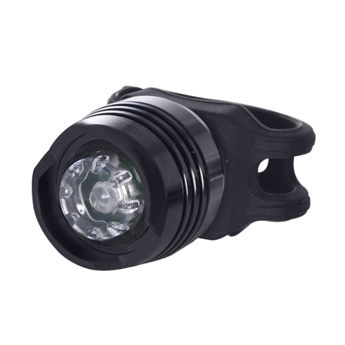 Framlampa OXC Belysning Brightspot är en kompakt svart LED-cykellampa med rund lins och monteringsrem i gummi, som visas mot en vit bakgrund.