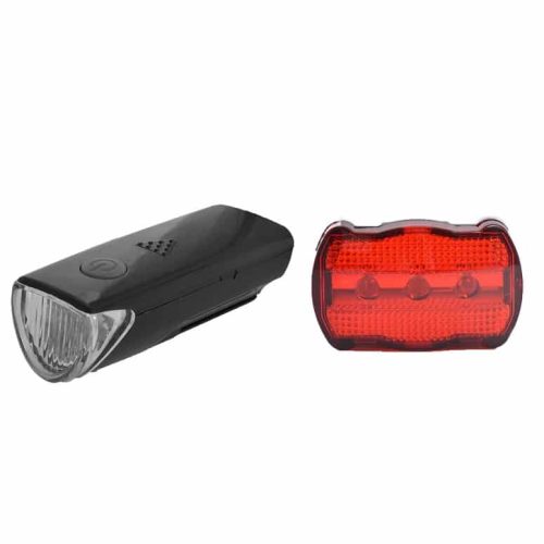 Belysningsset OXC UltraTorch 5 mini innehåller en svart främre cykellampa med en klar lins och en röd bakre lampa med tre lysdioder, båda mot en vit bakgrund.