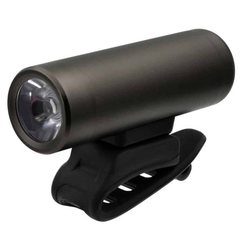Framlampa OXC Ultratorch 400 lumen är en cylindrisk svart cykelstrålkastare med en klar lins, monterad på ett svart gummifäste med en rem för enkel fastsättning på styret.