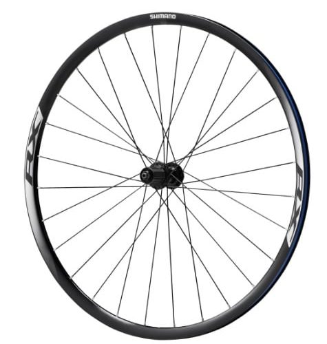 Ett cykelhjul av märket Shimano, modell WH-RX010 CL. Hjulet har svarta ekrar och en svart fälg med vit och blå dekor. Mitten av hjulet är svart och av metall.