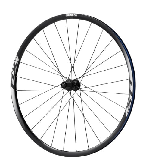 P-WH-RX010-CL-R.jpg Ett cykelhjul av märket Shimano, modell WH-RX010 CL. Hjulet har svarta ekrar och en svart fälg med vit och blå dekor. Mitten av hjulet är svart och av metall.