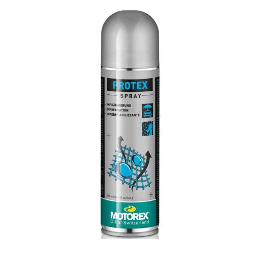 En 500 ml burk av Impringneringsmedell Motorex Protex har silver- och blågrön färg, sätes- och typsymboler och är märkt för impregnering och vattentätning.