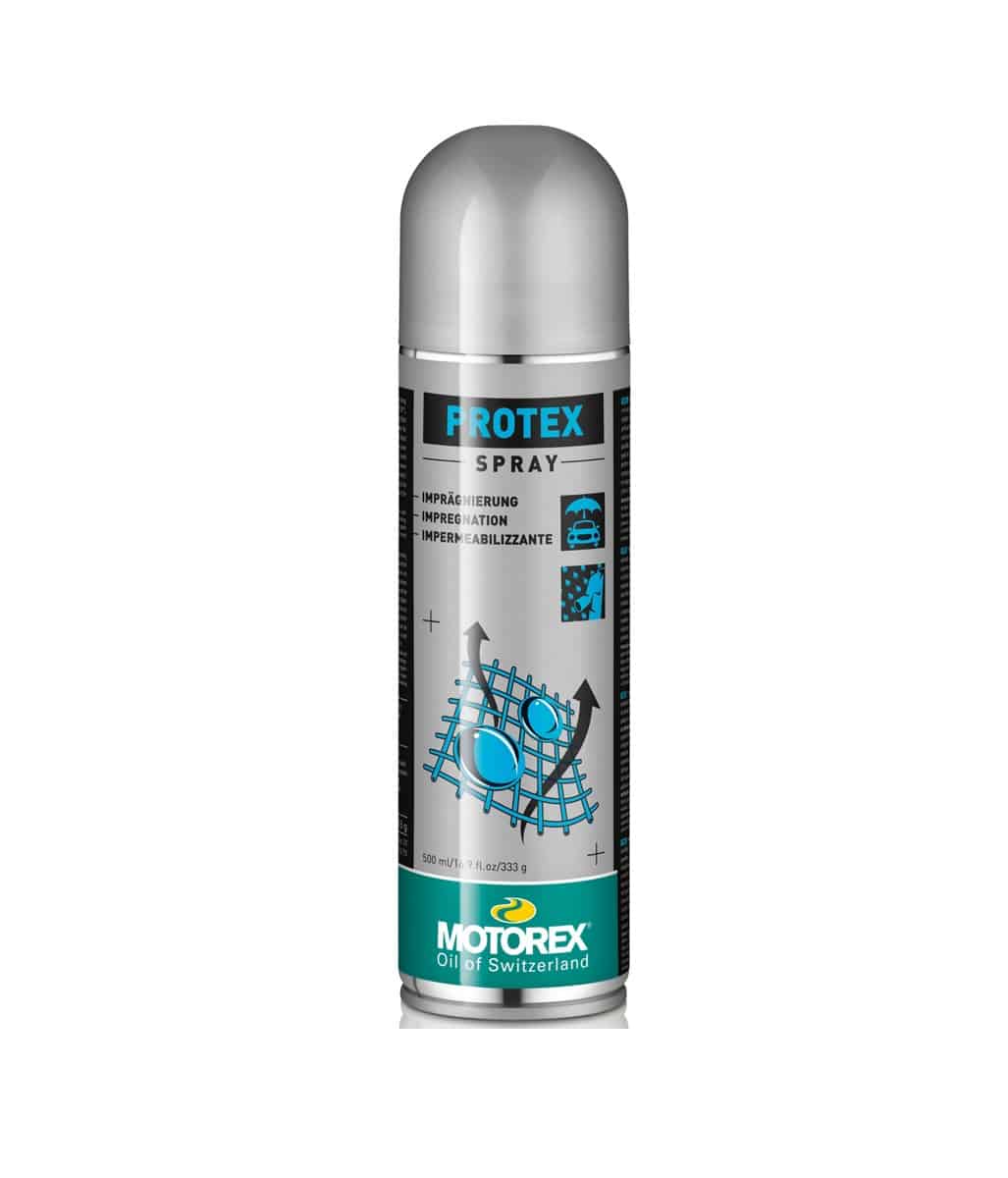 PROTEX.jpg En 500 ml burk av Impringneringsmedell Motorex Protex har silver- och blågrön färg, sätes- och typsymboler och är märkt för impregnering och vattentätning.