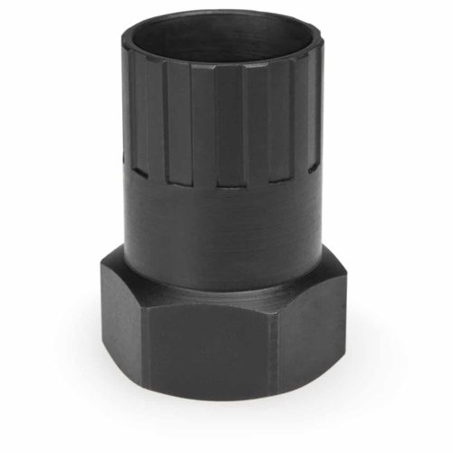 Park Tool FR-1.3 frihjulsavdragare i svart metall. Cylinderform med inre spår, avsmalnande till en sexkantig bas. Studioljus framhäver metallens textur och form.