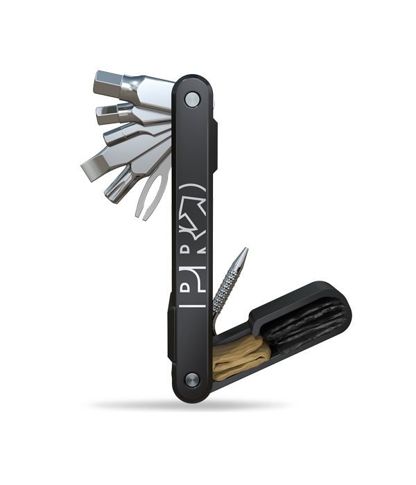 Pro-Mini-Tool-130 Pro 9FTL Performance Tubeless multiverktyg i aluminium, visar olika verktyg och förvaringsfack.