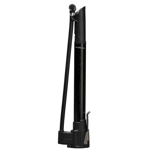 Handpump Pro Performance XL Pop Out Minipump, som visas upprätt mot en vit bakgrund, är svart med en tryckmätare, flexibel slang och metallspak vid basen. Den blåser upp till 11 bar.