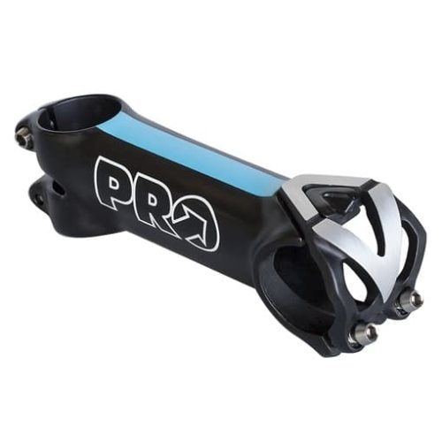 Svart Pro Vibe Carbon Sky styrstam för racer med blå detaljer och silverfärgad klämma. Styrstammen är fotograferad mot en vit bakgrund i ett välbelyst utrymme.