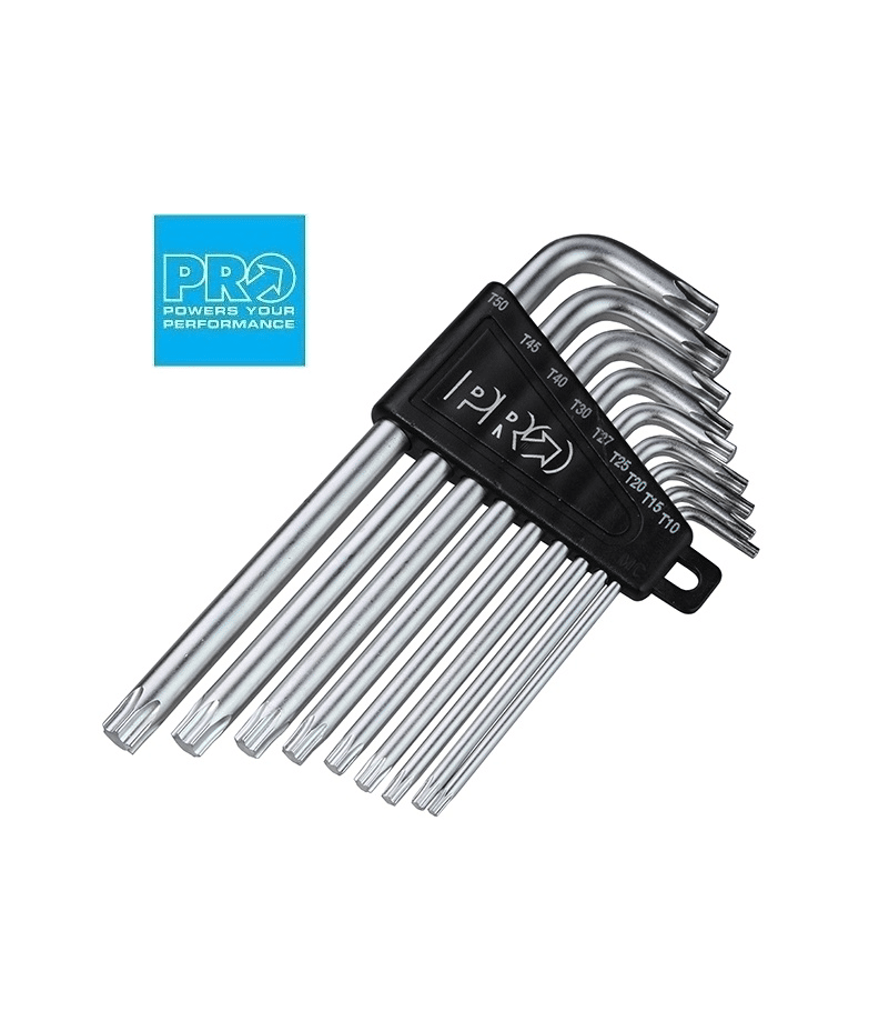Pro-torxnyckelsats.png Sats med torxnycklar från PRO i storlekarna T10 till T50. Nycklarna är silverfärgade och fästa i ett svart plastställ. PRO-logotypen syns tydligt i övre vänstra hörnet.