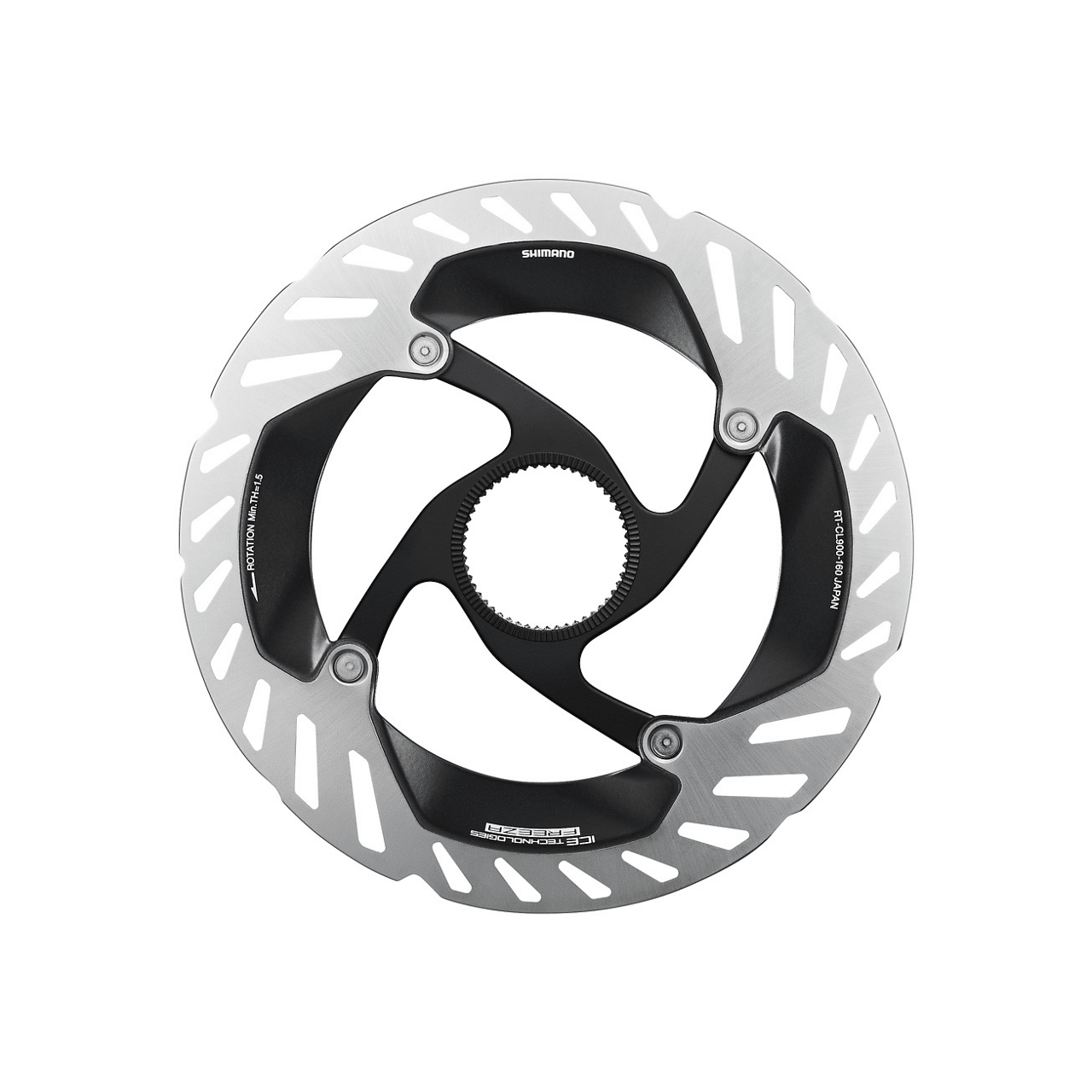 RT-CL900-160-primary_1.jpg.thumb_.1280.1280.png Bromsskivan Shimano Dura Ace RT-CL900 CL i silver och svart, upplyst med jämnt studioljus. Skivan har kylande öppningar och texten 'ROTATION MIN.TH=1.5' är synlig.