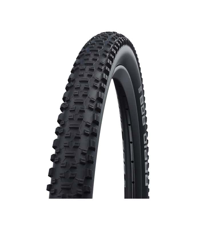 Rapid-rob-275.jpeg Ett Schwalbe Rapid Rob 27,5" MTB-däck visas mot en vit bakgrund. Däcket är svart med en grov, kantig mönsterdesign och "RAPID ROB" i versaler på sidan.