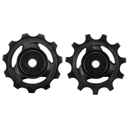 Två svarta Shimano RD-R9100 Dura Ace rulltrissor för 11-växlad bakväxel visas i starkt, jämnt ljus. Detaljer som "SHIMANO", "G-PULLEY" och "T-PULLEY" är tydligt synliga.