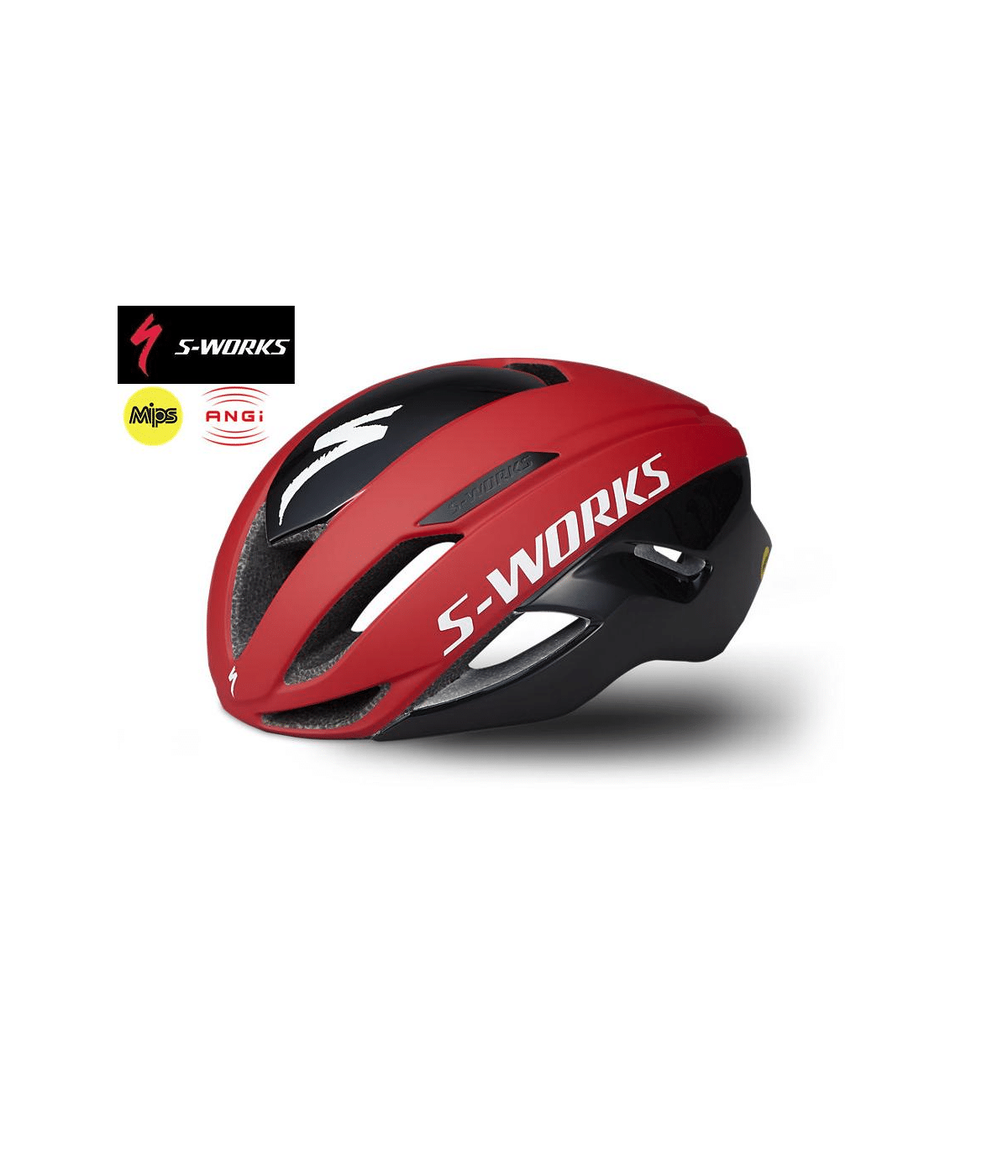 S-Works-Evade-med-ANGI-och-mips-svart-rod.png Hjälm Specialized S-Works Evade med ANGI och MIPS i rött visas, med ventilationsöppningar och "S-WORKS"-text på sidan, mot en vit bakgrund. S-Works-, MIPS- och ANGI-logotyperna visas i det övre vänstra hörnet.