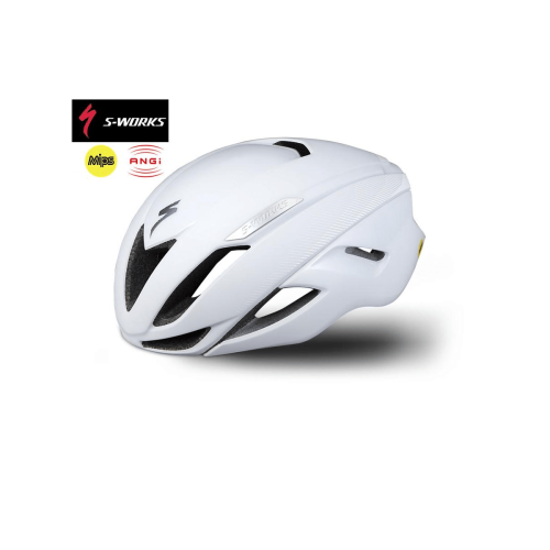 En profilvy av Hjälm Specialized S-Works Evade med ANGI och MIPS, Vit visas med svarta ventilationsöppningar. S-Works, MIPS och ANGi logotyper visas ovanför och till vänster om den vita hjälmen på en vit bakgrund.