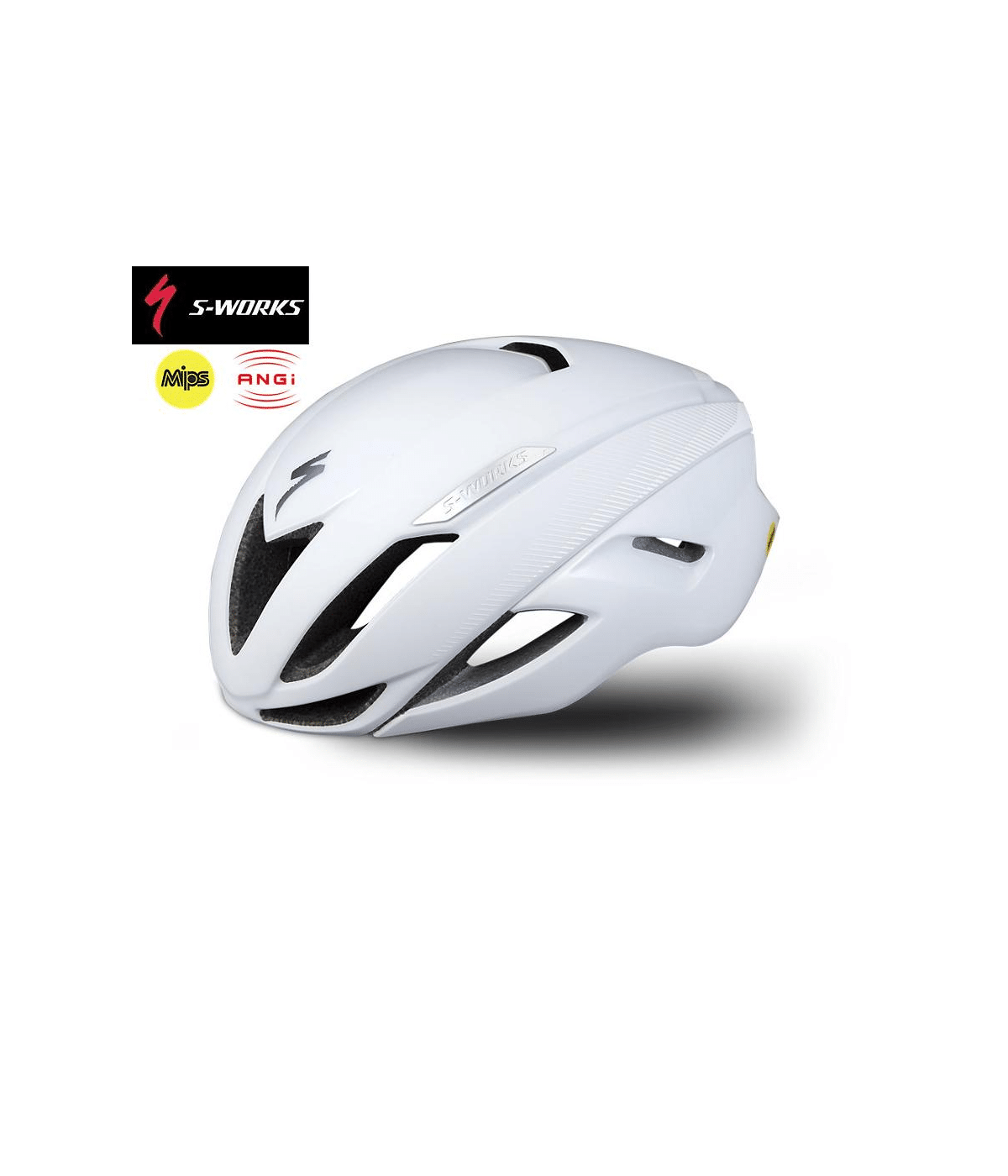 S-Works-Evade-med-ANGI-och-mips-vit.png En profilvy av Hjälm Specialized S-Works Evade med ANGI och MIPS, Vit visas med svarta ventilationsöppningar. S-Works, MIPS och ANGi logotyper visas ovanför och till vänster om den vita hjälmen på en vit bakgrund.