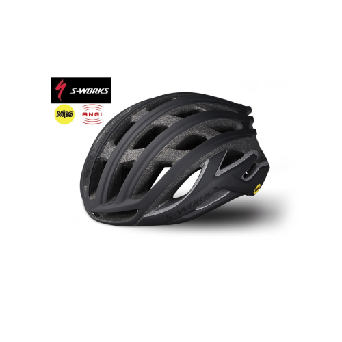 Hjälmen Specialized S-Works Prevail med ANGI och MIPS, Svart visas mot en vit bakgrund, med flera luftventiler och logotyper för S-Works, MIPS och ANGI till vänster om hjälmen.