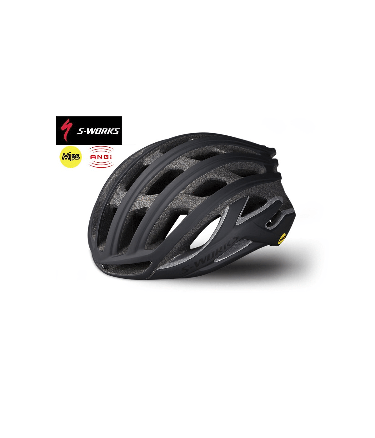 S-Works-Prevail-med-ANGI-och-mips-svart.png Hjälmen Specialized S-Works Prevail med ANGI och MIPS, Svart visas mot en vit bakgrund, med flera luftventiler och logotyper för S-Works, MIPS och ANGI till vänster om hjälmen.