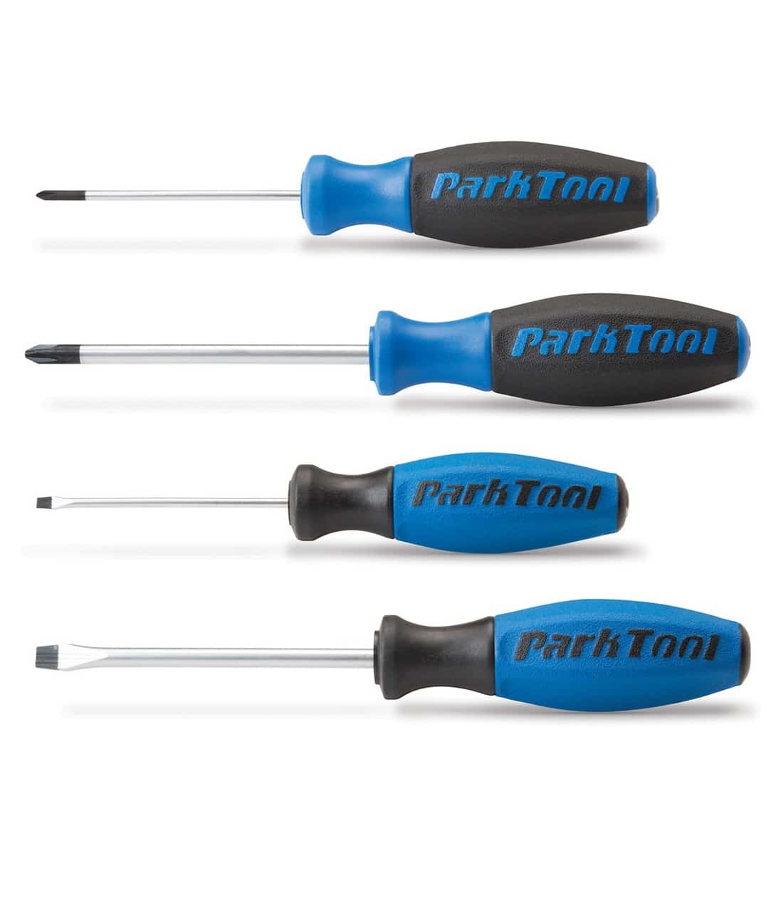 SD-SET-Parktool.jpg Ett set med fyra Park Tool skruvmejslar, prydligt arrangerade mot en vit bakgrund. De har blå och svarta handtag, perfekt belysning framhäver detaljerna och märket "Park Tool".