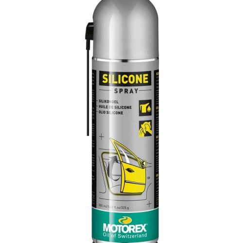 En sprayflaska Motorex Silicon, 500 ml, står i starkt ljus med reflektioner. Flaskan har en silverfärgad topp och grön botten med "Motorex" tryckt i vitt.