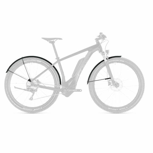 Skärmset SKS Bluemels 75 U Long for MTB 27.5/29" har svarta skärmar på både fram- och bakhjul, med cykelramen och skärmarna tydligt framträdande mot en blekt bakgrund.