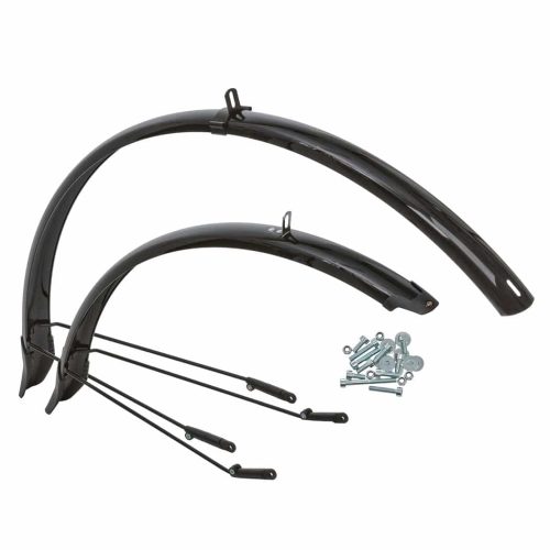 Skärmset SKS "Crescent" pluspaket 46-622 mm innehåller två svarta cykelskärmar av plast med stödstänger av metall och en monteringssats med skruvar och bultar, allt på en vit bakgrund.