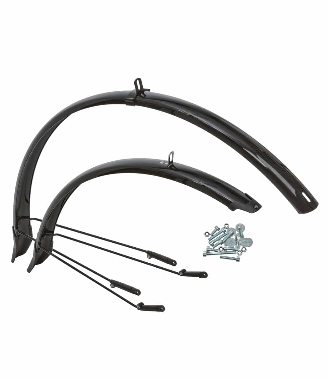 SKS-Pluspacket-set.jpg Skärmset SKS "Crescent" pluspaket 46-622 mm innehåller två svarta cykelskärmar av plast med stödstänger av metall och en monteringssats med skruvar och bultar
