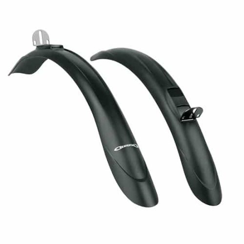 Skärmset SKS Beavertail 26-29" består av två svarta cykelskärmar i plast, som visas sida vid sida mot en vit bakgrund. Det ena är något större än det andra och båda har medföljande monteringsdetaljer.
