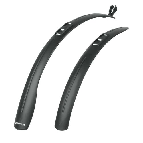 Skärmset SKS Beavertail XL 26-29" innehåller två svarta cykelskärmar i plast - en lång med monteringsclips och en kort - båda lätt böjda med utskärningar längs ovansidan.