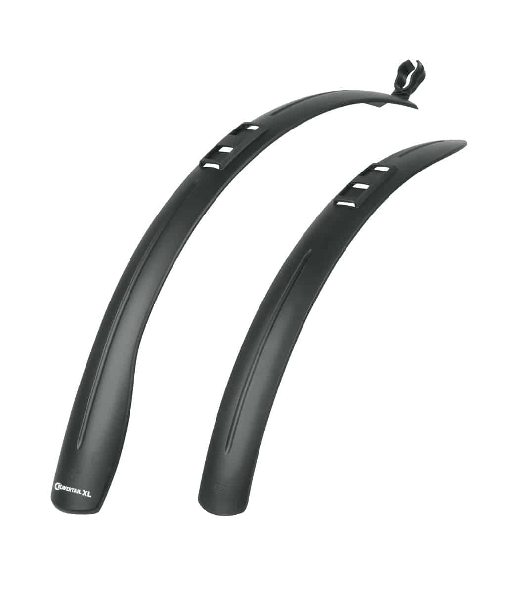 SKS-beavertail-xl-set.jpg Skärmset SKS Beavertail XL 26-29" innehåller två svarta cykelskärmar i plast - en lång med monteringsclips och en kort - båda lätt böjda med utskärningar längs ovansidan.