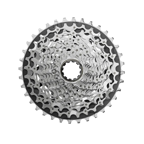 En närbild uppifrån av cykelkassetten Kassett Sram XPLR XG-1271 X-glide med 12 växlar