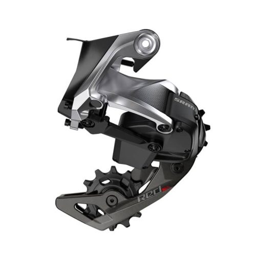 Detaljerad bild av en SRAM Red eTap 11-växlad bakväxel. Silverfärgade och svarta nyanser under skarpt ljus framhäver den precisa mekaniken och den moderna designen.