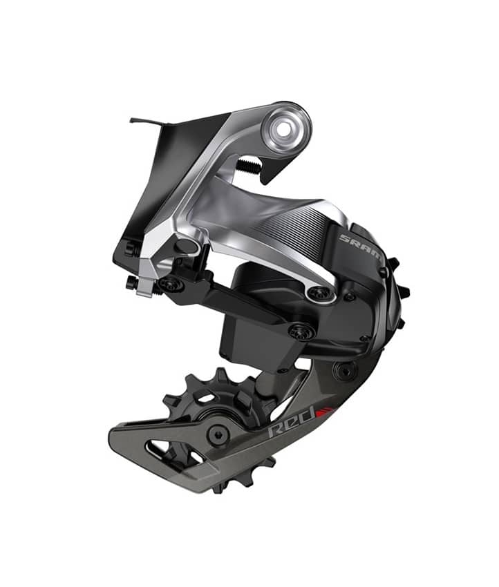 SRAM-Rear-derailleur-Red-eTAP-11.jpg Detaljerad bild av en SRAM Red eTap 11-växlad bakväxel. Silverfärgade och svarta nyanser under skarpt ljus framhäver den precisa mekaniken och den moderna designen.