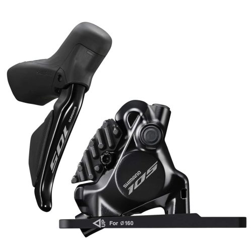 Närbild av ett Shimano 105 Di2 skivbromsset med reglage och bromsok i svart. God belysning framhäver detaljerna på komponenten, inklusive texten 'Shimano 105'.