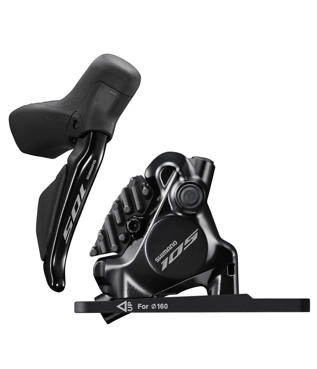 ST-R7170-R-reglage-12.jpg Närbild av ett Shimano 105 Di2 skivbromsset med reglage och bromsok i svart. God belysning framhäver detaljerna på komponenten, inklusive texten 'Shimano 105'.
