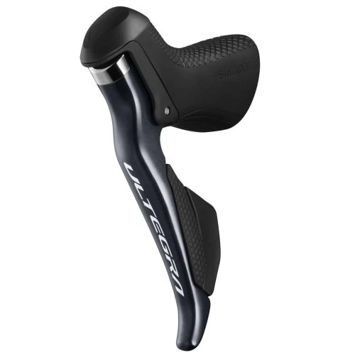 Närbild av ett Shimano Ultegra Di2 ST-R8050 växelreglage, 2x11s, med fokus på textur och ergonomisk design. Kontrastrika material framhävs i studioljus.