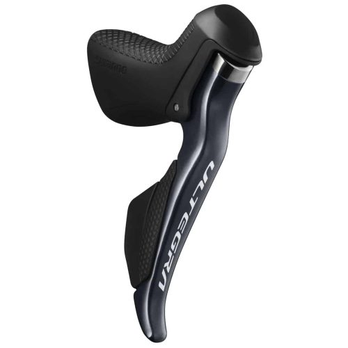 Närbild på Shimano Ultegra Di2 ST-R8050 STI-reglage för landsvägscykel, 2x11-växlar. Detaljerad textur på gummihandtaget och den eleganta designen framhävs i välbalanserad belysning.