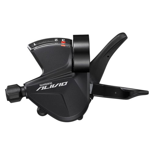 Ett detaljerat fotografi av ett svart Shimano Alivio SL-M3100 växelreglage, fram eller bak, för 3x9s växelsystem. Stark belysning framhäver produktens konturer.